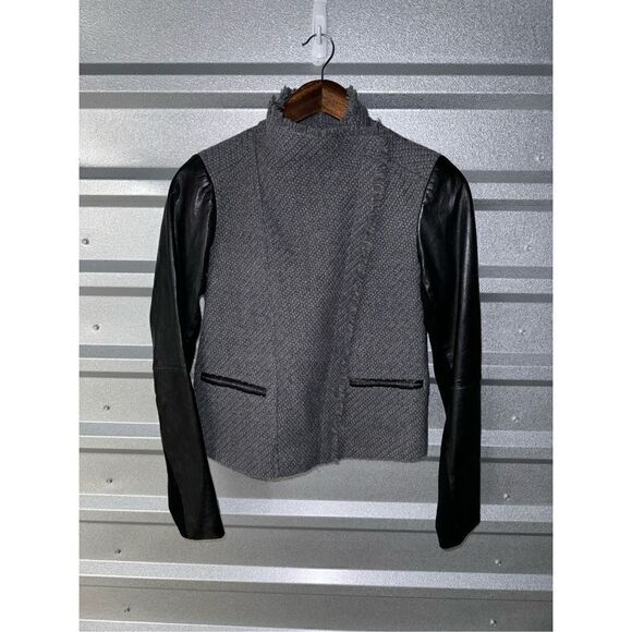 Vince Black & Gray Lambskin Leather Knit Racer Jacket Size XS - Picture 1 of 12